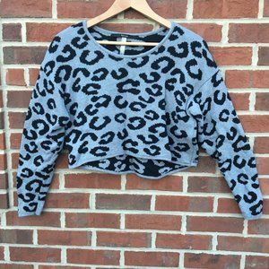Kensie Cropped Knit Sweater Gray Black Leopard Animal Print Medium